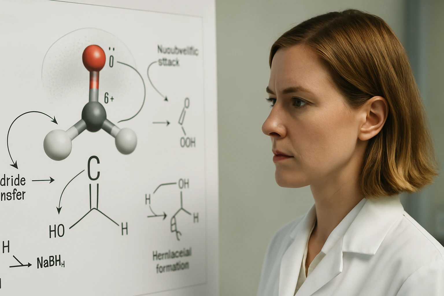 Egy nő figyelmesen nézi a kémiai reakciókat bemutató táblát.