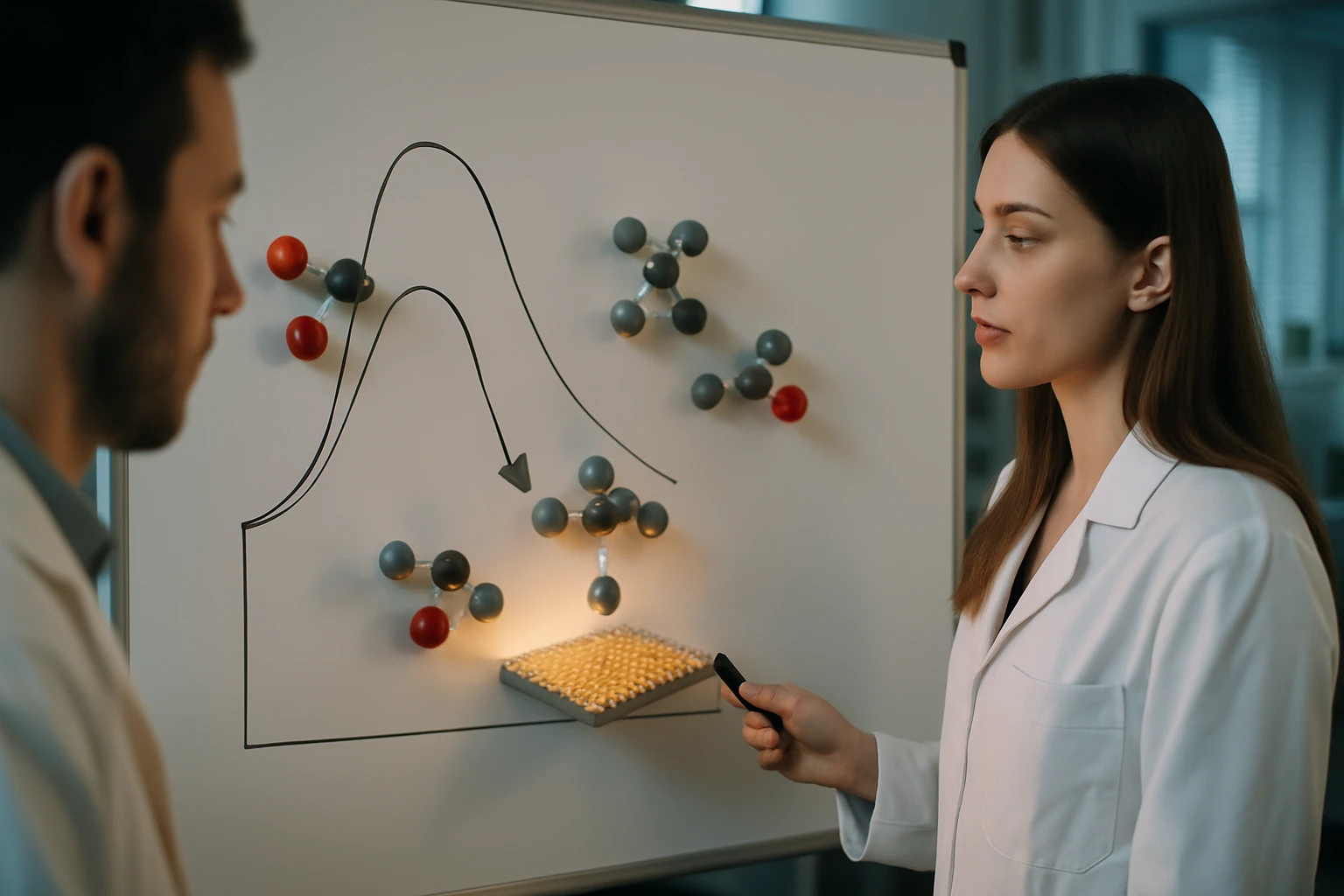 Két tudós egy fehér táblán kémiai reakciót magyaráz, molekulák ábrázolásával.