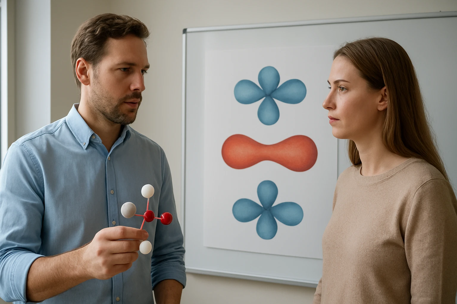 Egy férfi molekulamodellel magyaráz egy nőnek kémiai struktúrákat.