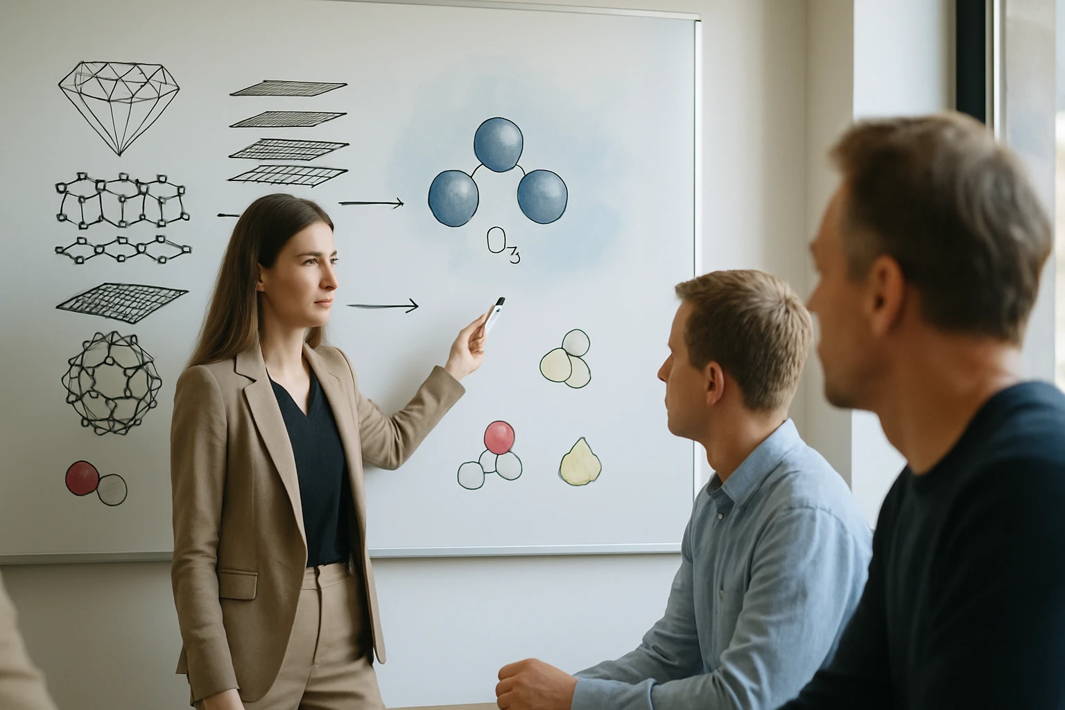 Egy nő kémiai struktúrákat magyaráz egy táblán, míg férfiak figyelik.