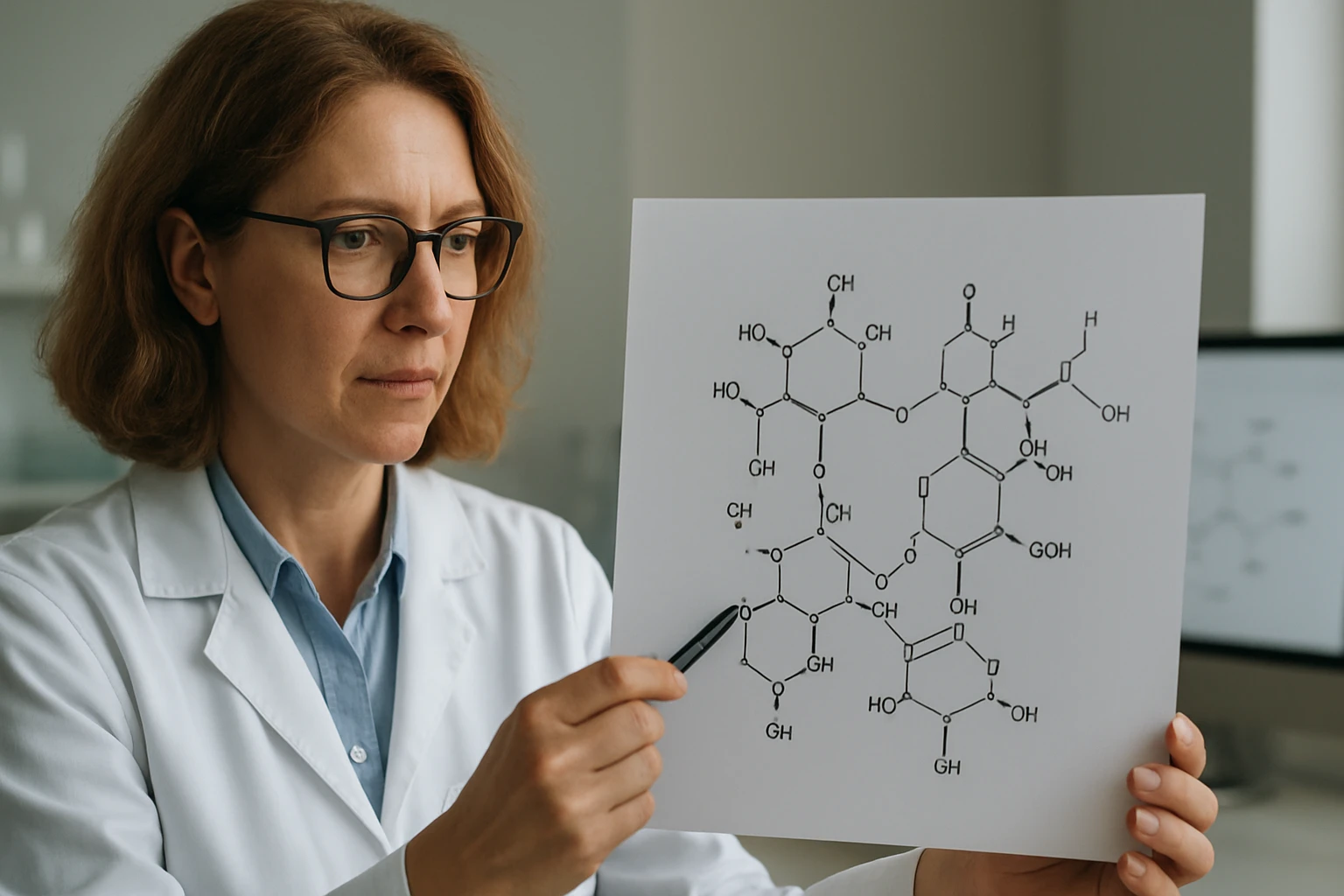 Egy női kutató kémiai struktúrákat ábrázoló papírt tart a kezében.