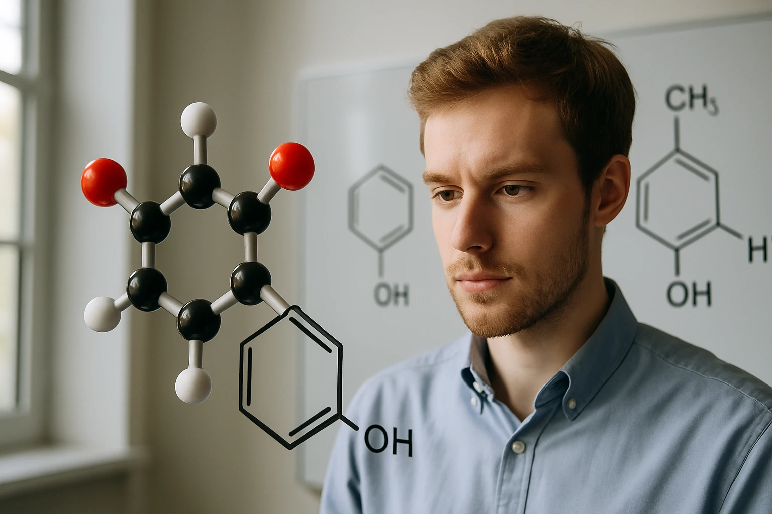 Egy fiatal férfi figyelmesen nézi a molekulamodelleket és kémiai képleteket.