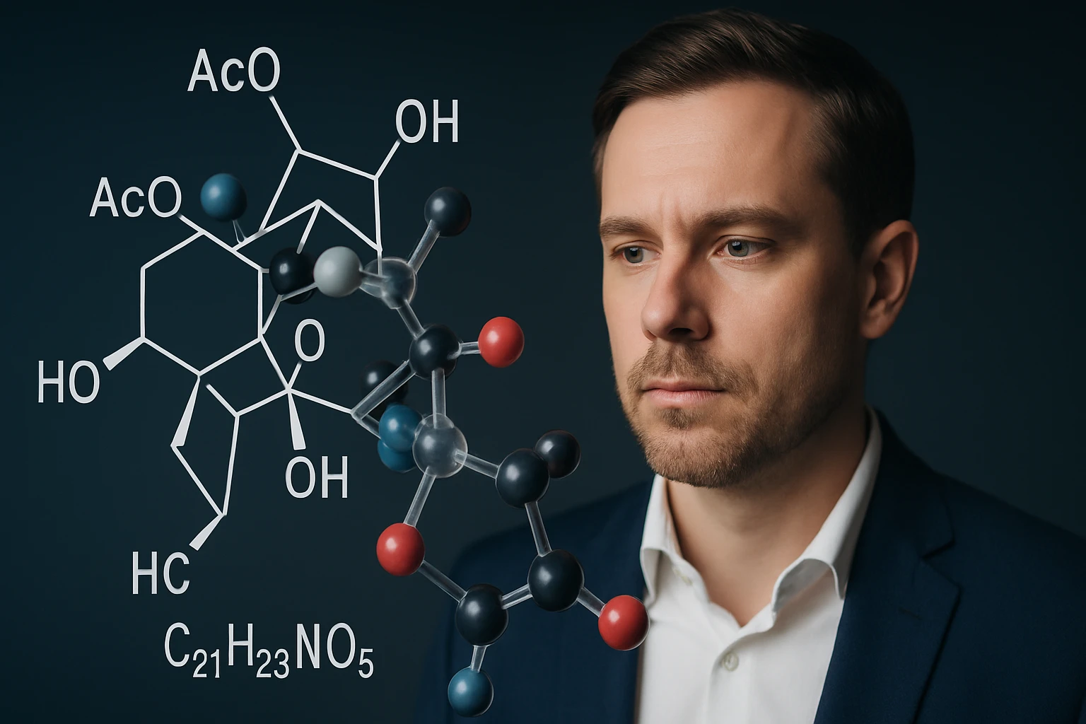 Egy férfi néz egy molekuláris modellt, amely kémiai képleteket mutat.