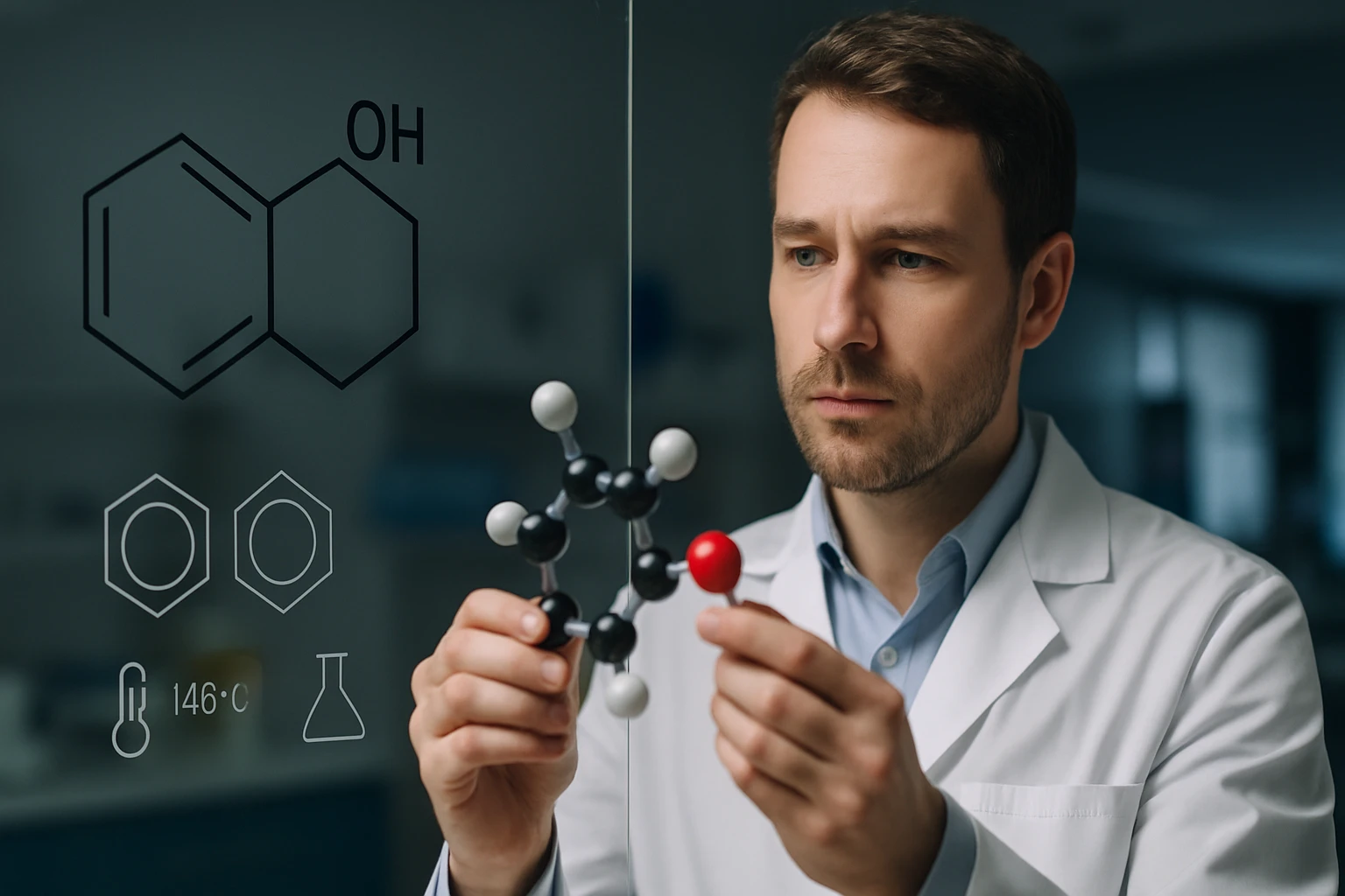 Egy férfi laboratóriumi köpenyben molekulamodelleket vizsgál, háttérben kémiai struktúrák.