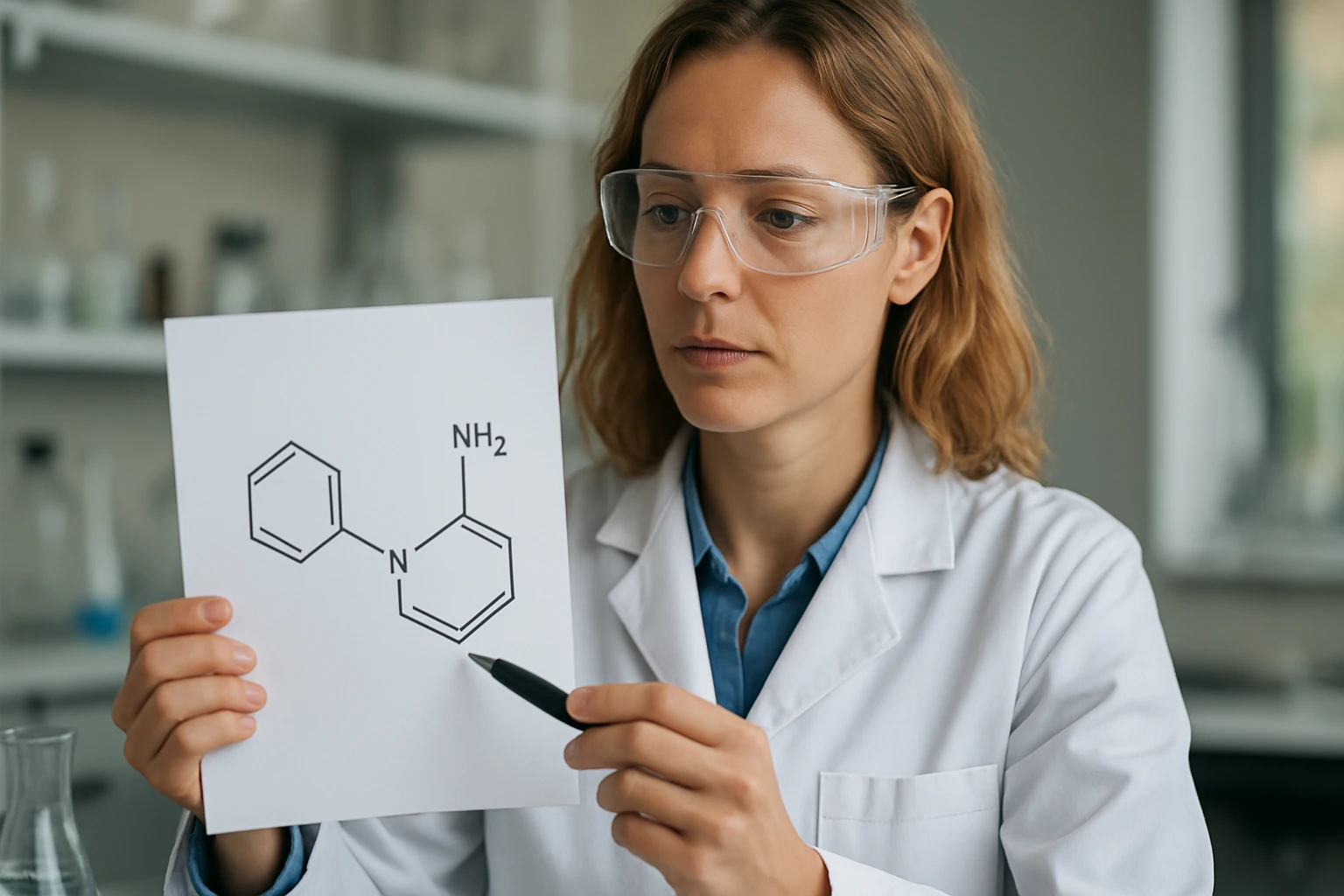 Egy nő laboratóriumban kémiai szerkezetet vizsgál, papíron mutatja be.