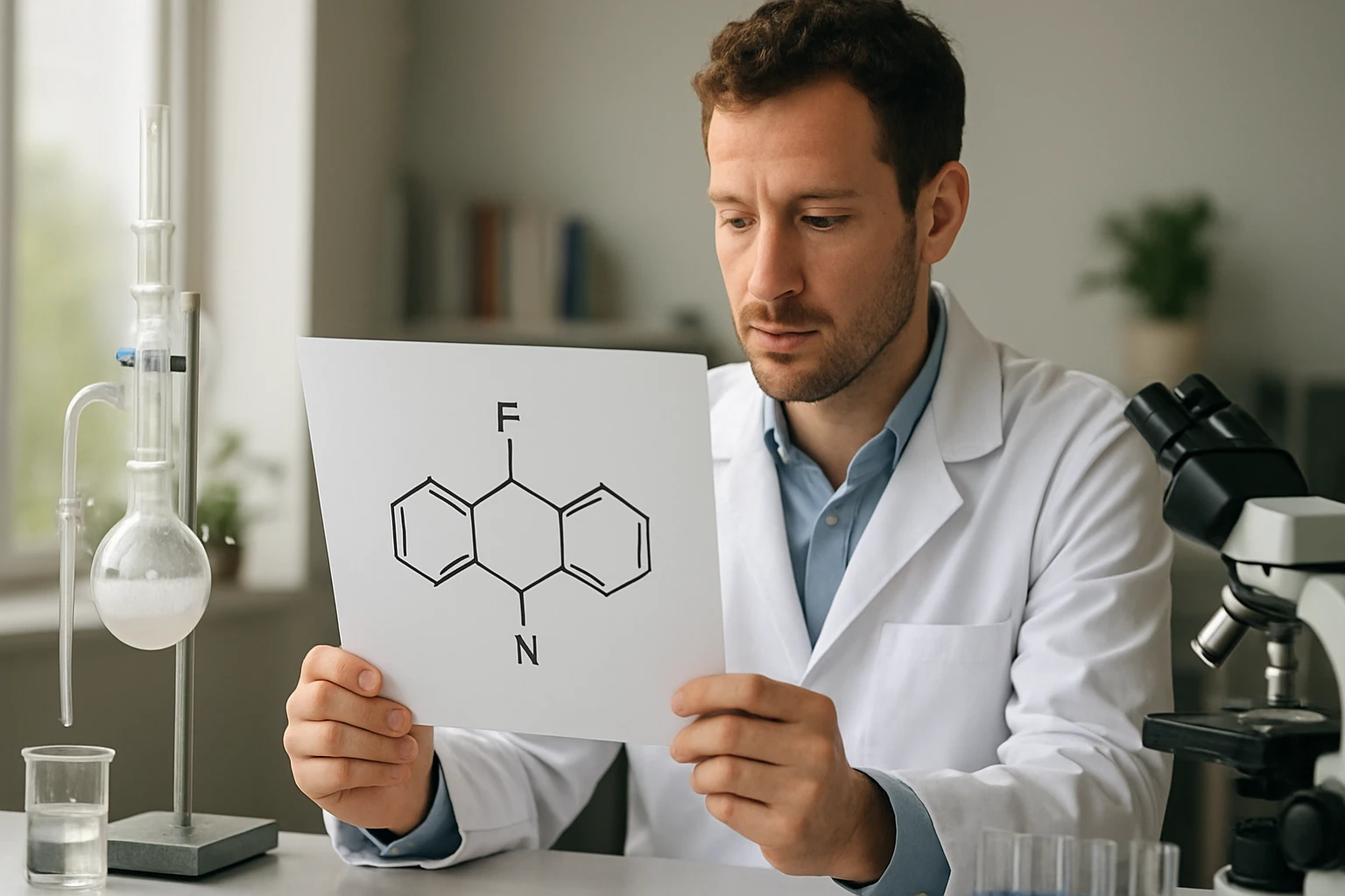 Egy férfi laboratóriumi köpenyben egy kémiai szerkezetet vizsgál.