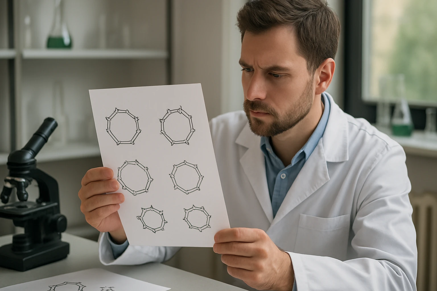 Egy férfi laboratóriumi köpenyben kémiai szerkezeteket vizsgál papíron.