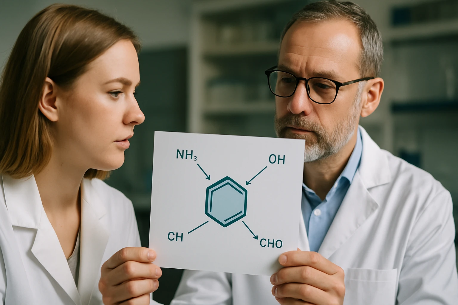 Két kutató, fehér köpenyben, egy kémiai szerkezetet vizsgálva.