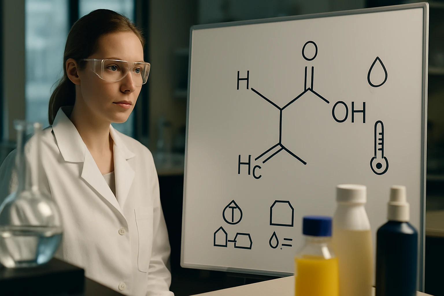 Egy fiatal nő laboratóriumi köpenyben, kémiai szerkezetekkel teli táblával.
