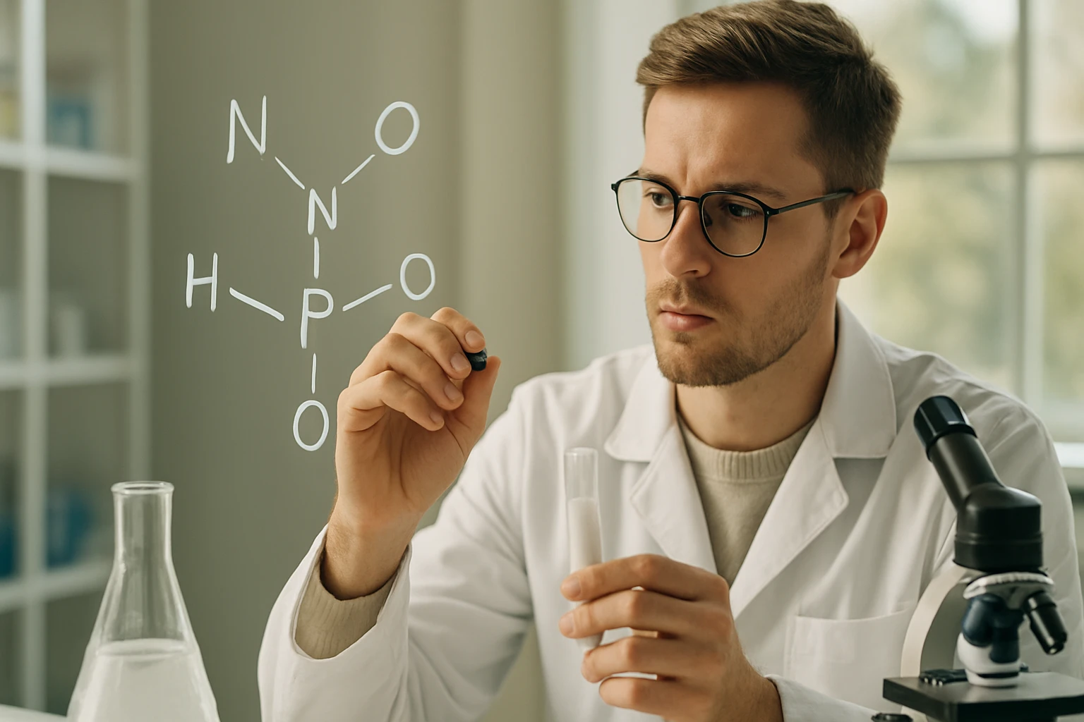 Egy fiatal kutató a laborban, kémiai szerkezetet rajzol a levegőbe.