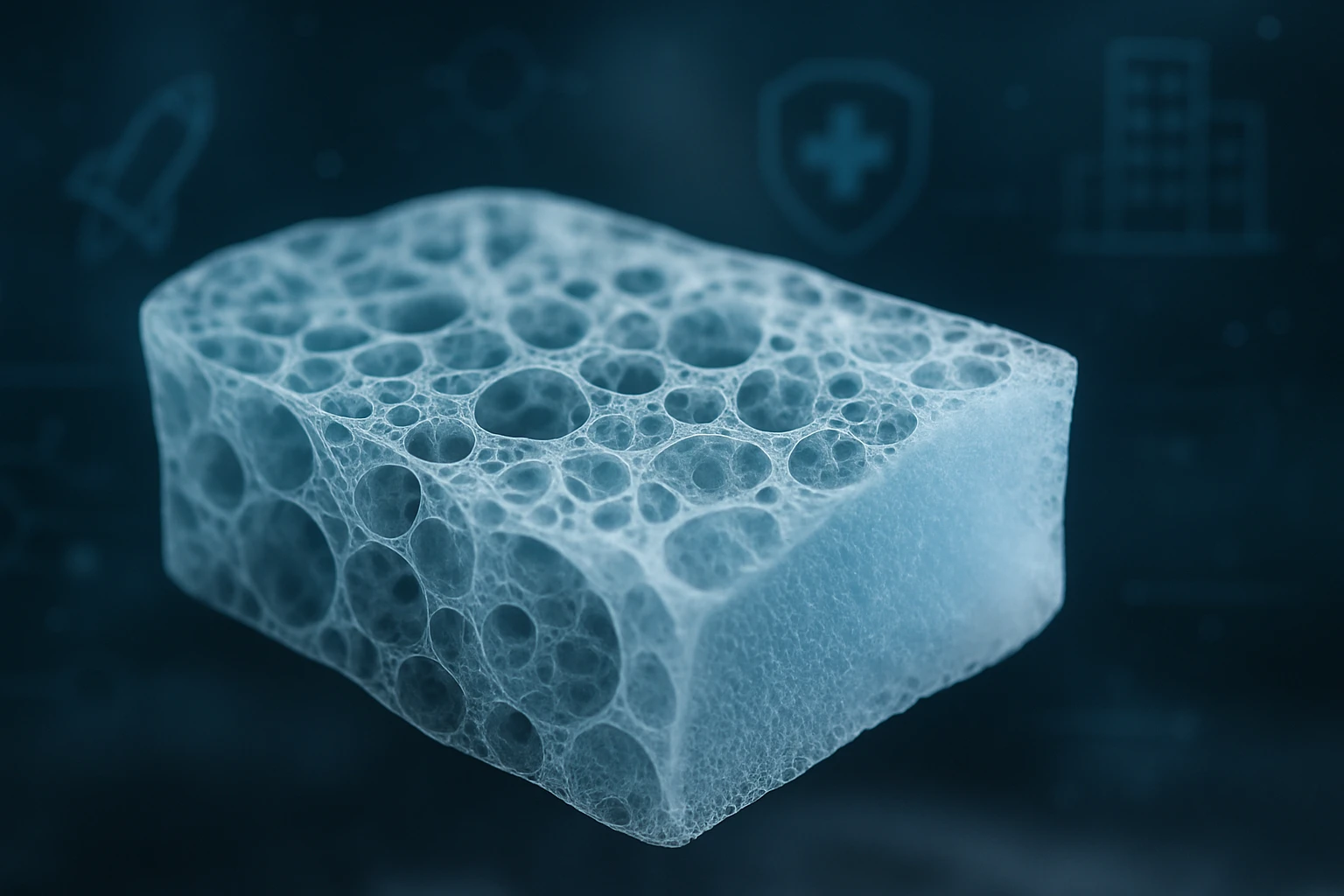 Egy áttetsző szivacs, amelyen buborékok láthatók, kémiai szerkezetet ábrázolva.