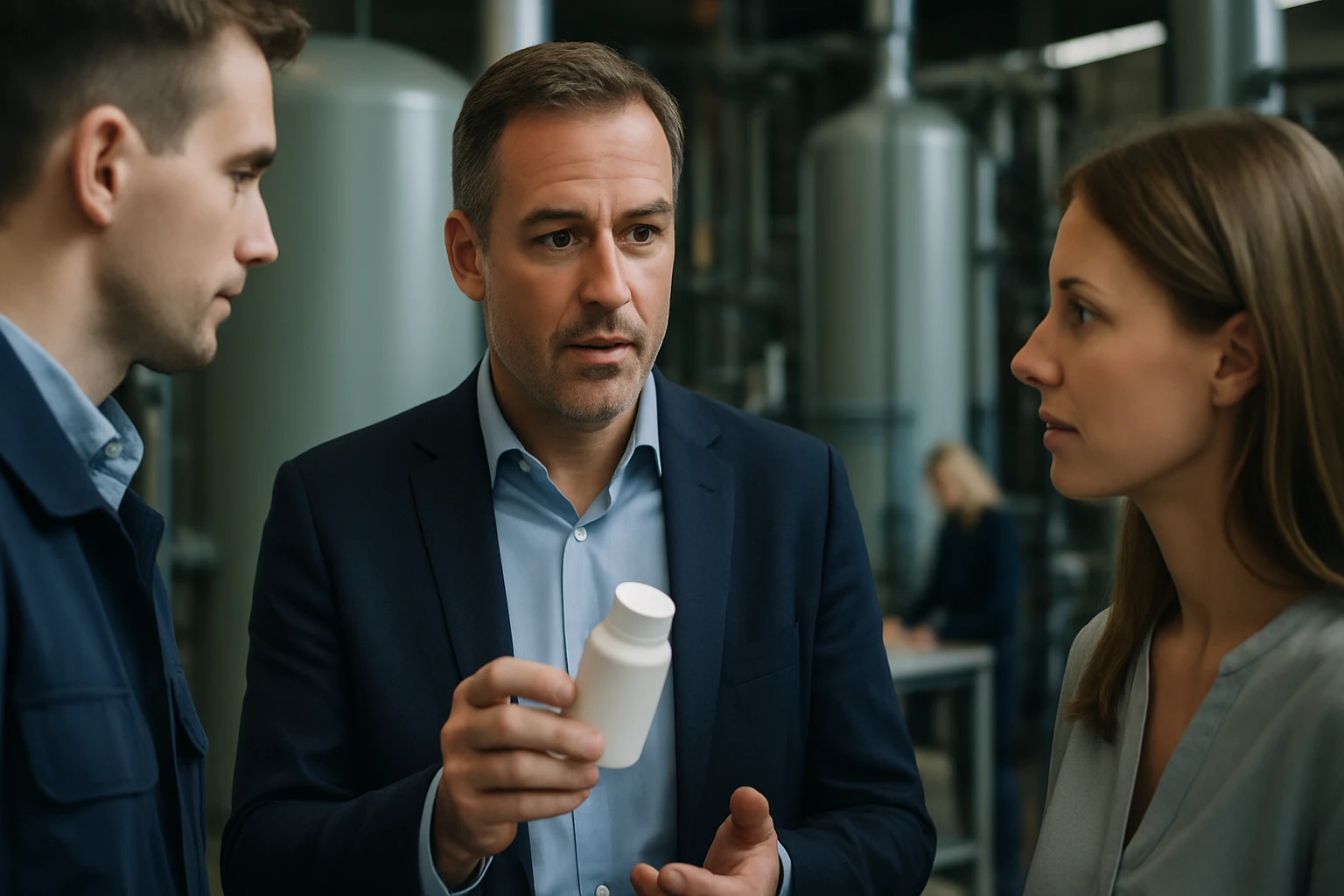 Két ember figyelmesen hallgat egy férfit, aki egy fehér palackot mutat be.