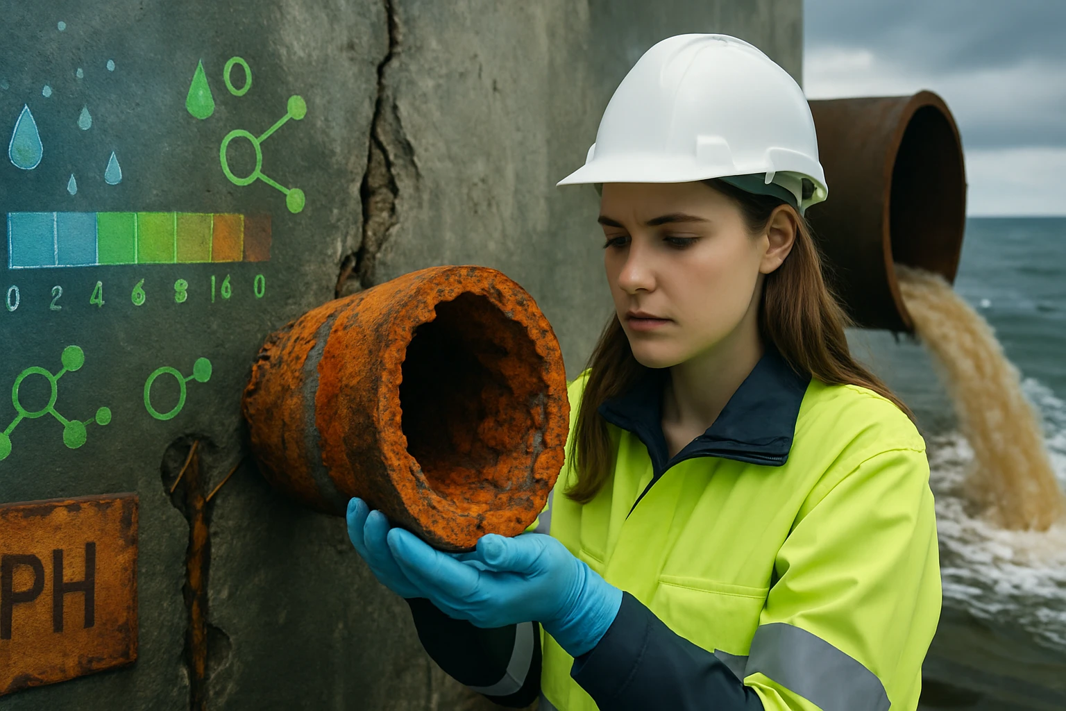 Egy nő mérnök figyel egy rozsdás csőre, amelyből szennyezett víz folyik.