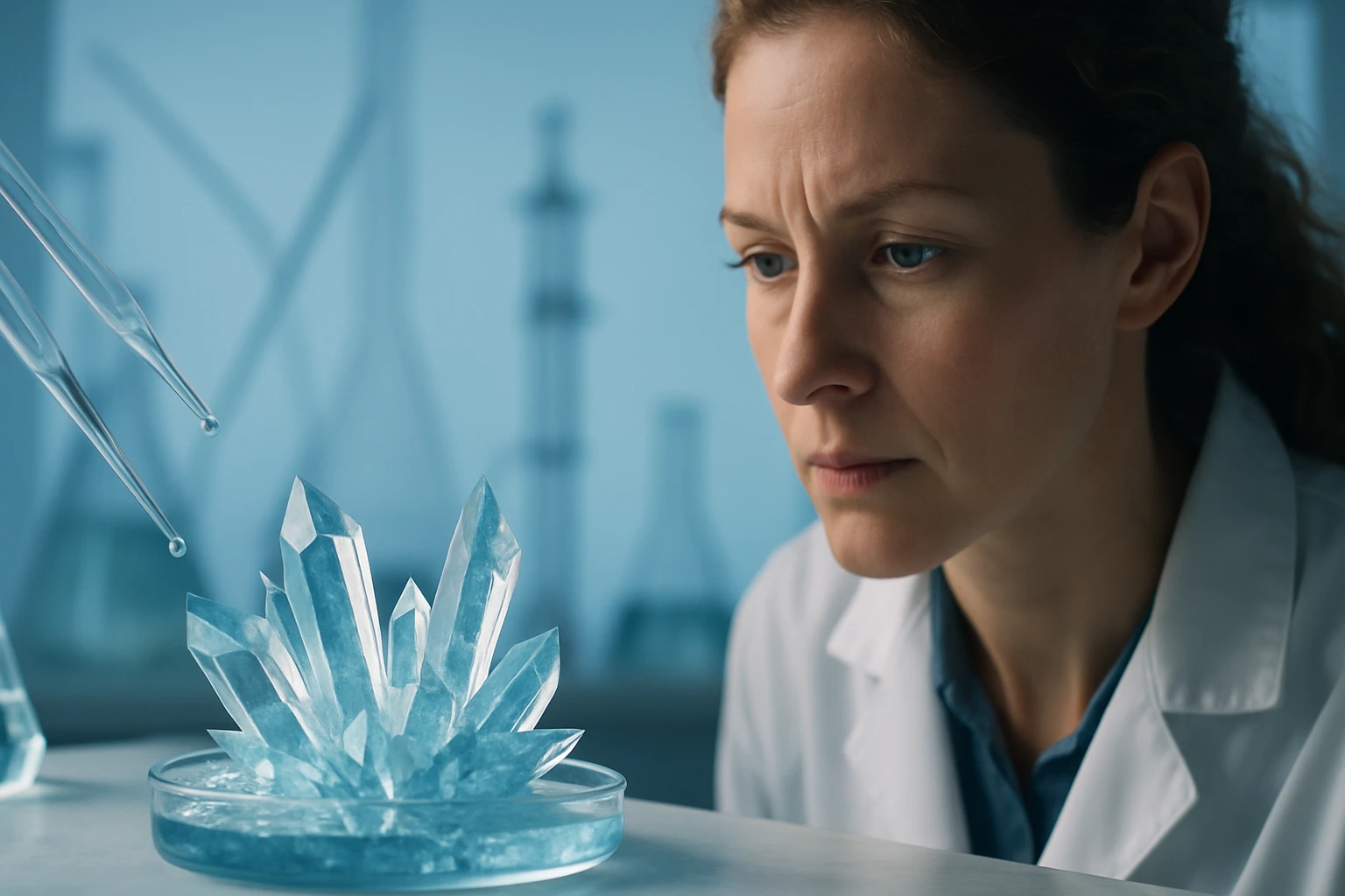 Egy tudós figyelmesen nézi a kék kristályokat egy laboratóriumban.
