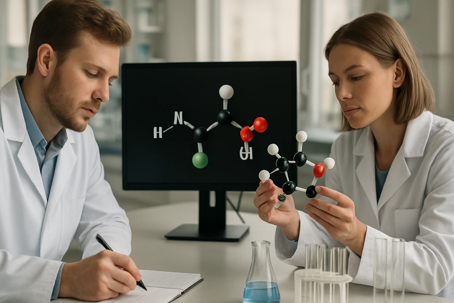 Két kutató laboratóriumban molekulamodelleket vizsgál, háttérben számítógép.
