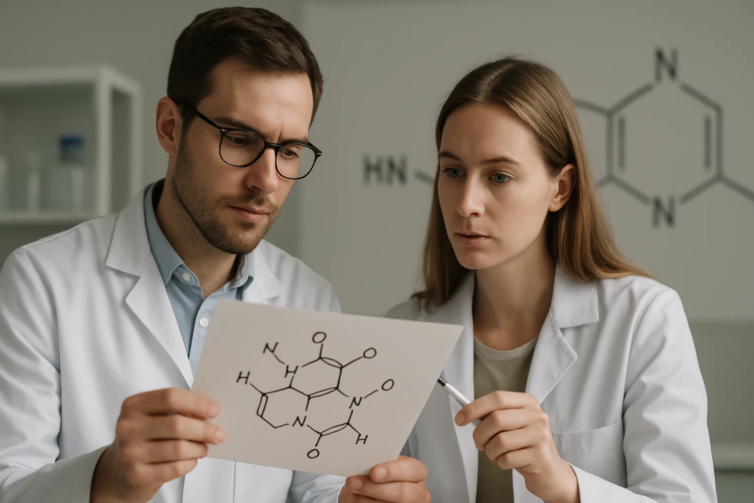 Két kutató, fehér köpenyben, egy molekula szerkezetét tanulmányozza.