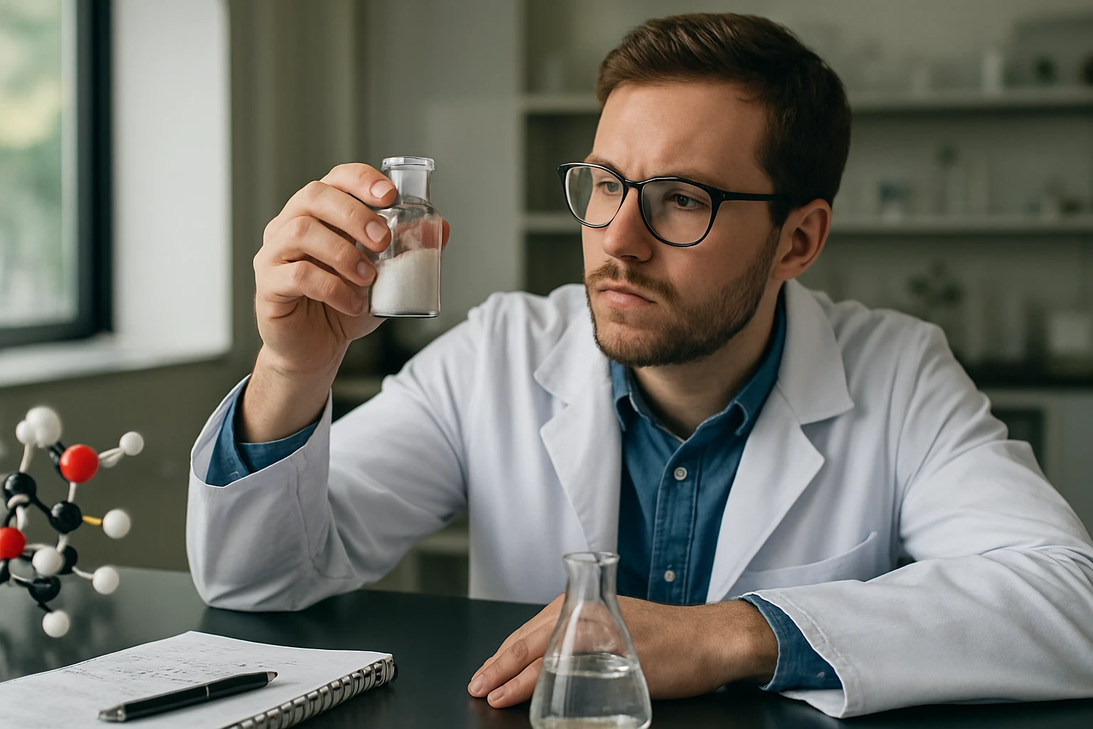 Egy fiatal kutató laboratóriumban egy üvegben lévő fehér port vizsgál.