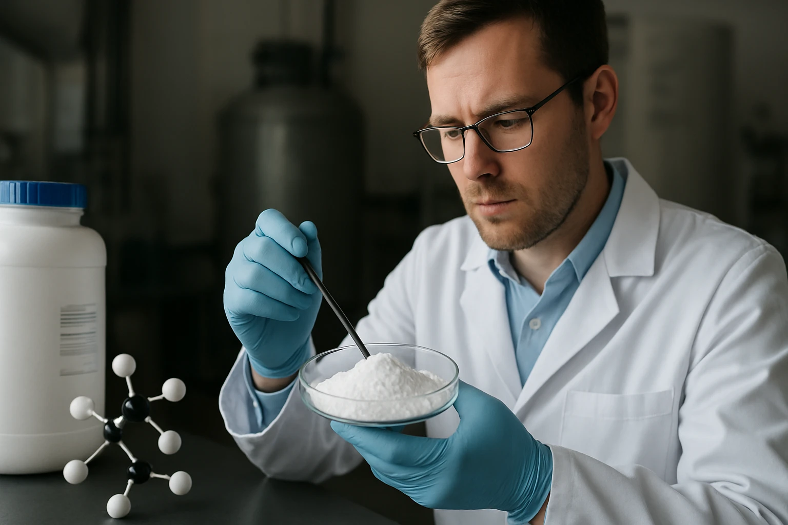 Egy laboratóriumban dolgozó kutató fehér porral teli tálat vizsgál.