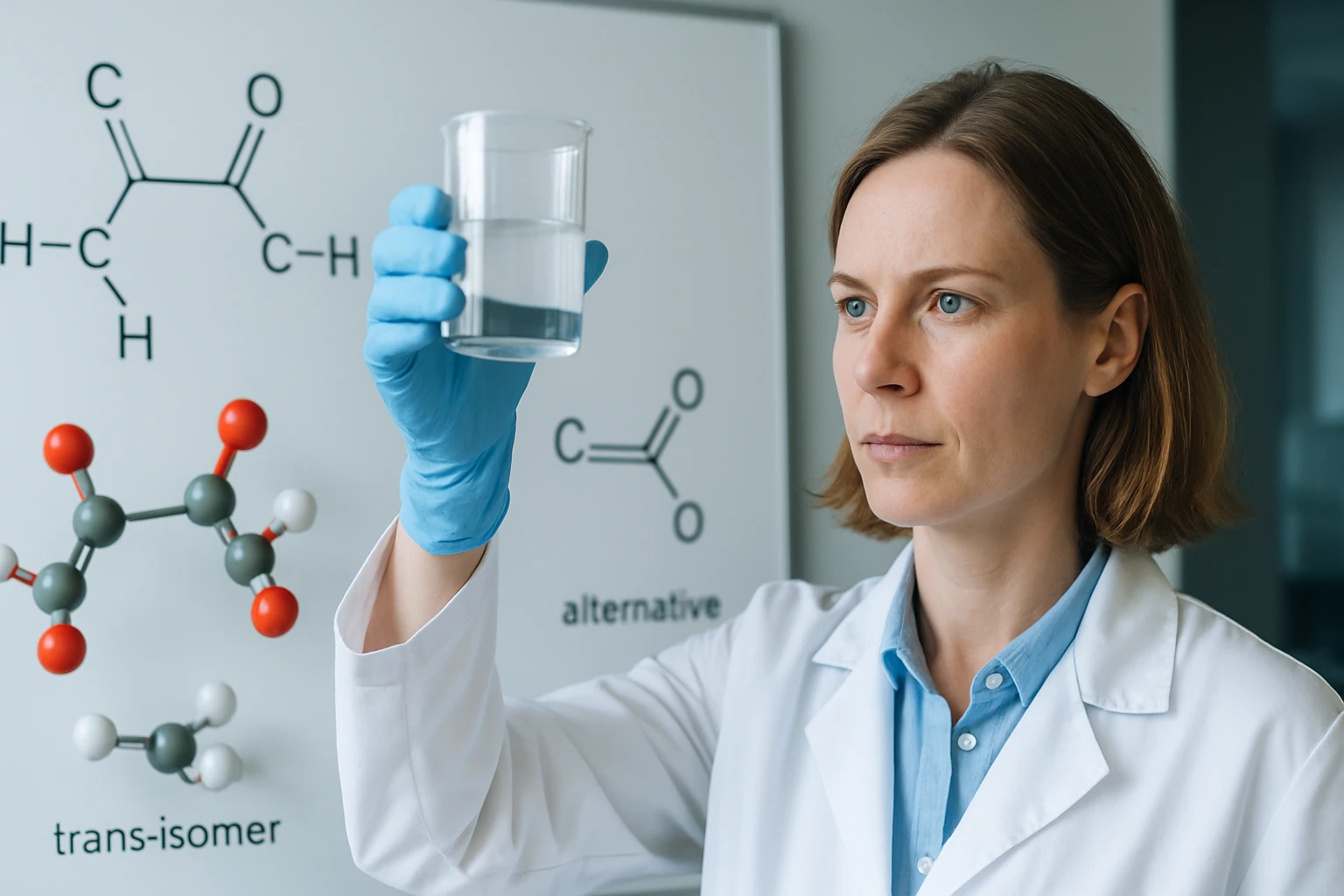 Egy női kutató laboratóriumban, kémcsőben vizet tartva, háttérben molekulák.