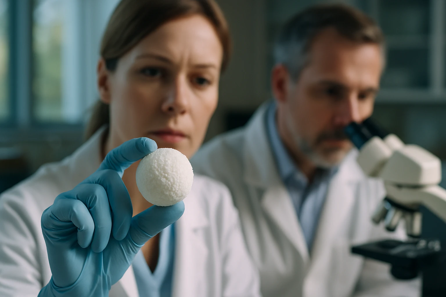 Két kutató laboratóriumban, az egyikük egy fehér gömböt tart a kezében.