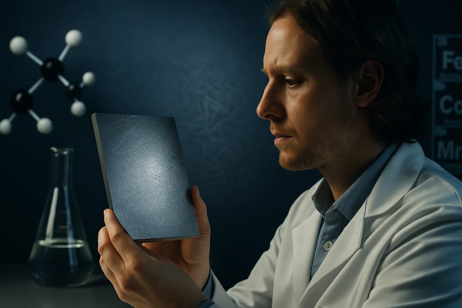 Egy kutató laboratóriumban egy férfi egy fekete táblát vizsgál.