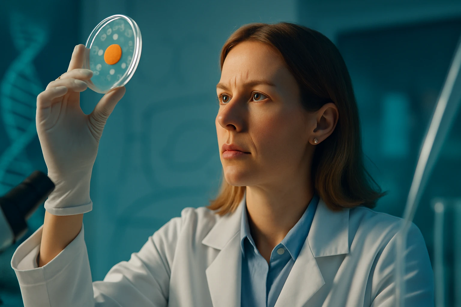 Egy női kutató mikroszkóp előtt, egy petri csészét vizsgálva, koncentrált arckifejezéssel.