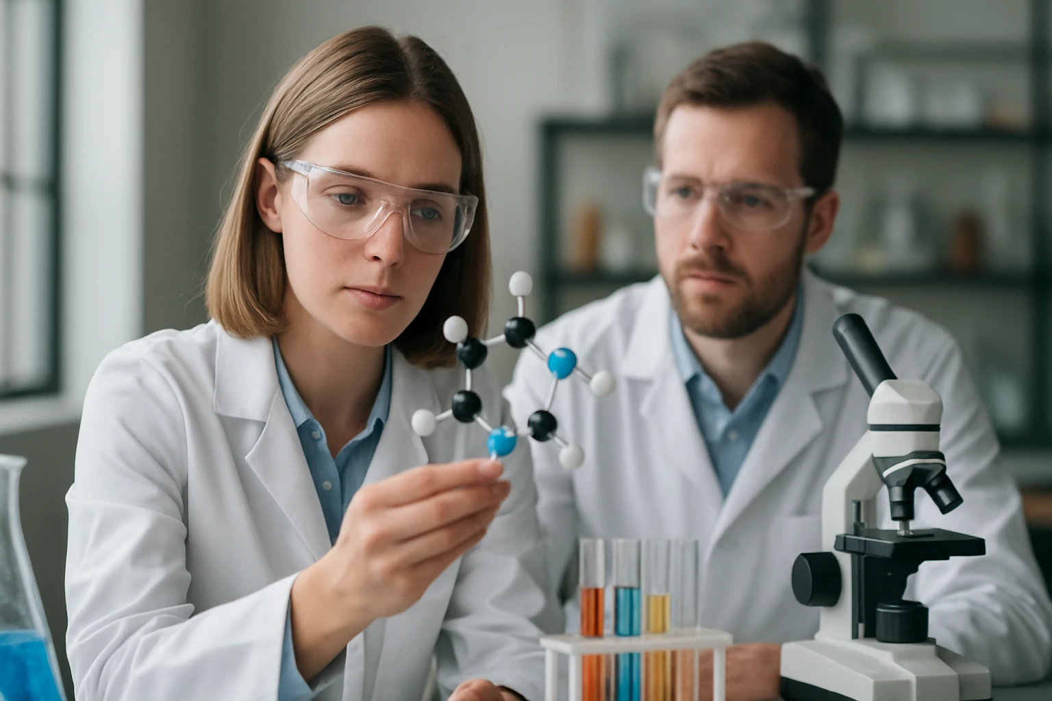 Két kutató laboratóriumi környezetben egy molekulát vizsgál.