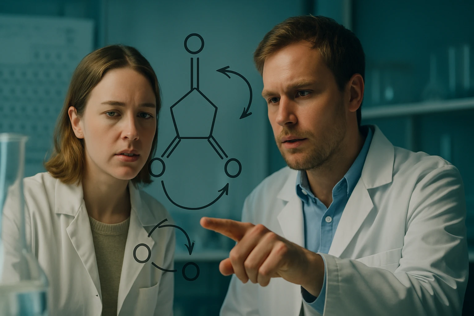 Két kutató laboratóriumban, molekulák struktúráját elemzik.