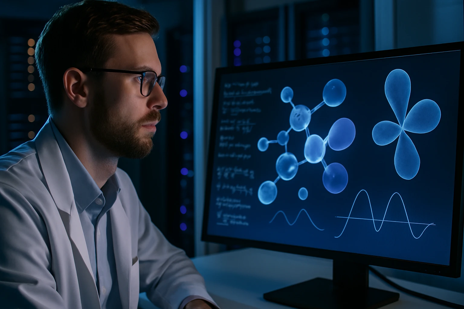 Egy fiatal kutató figyelmesen nézi a számítógép képernyőjét, ahol molekulák láthatók.