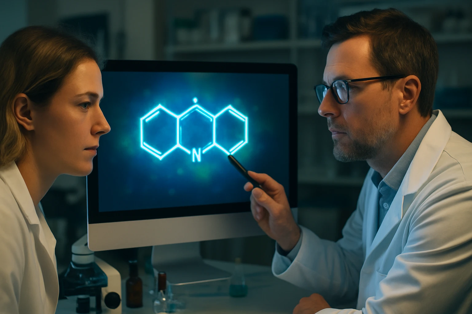 Két kutató egy számítógép képernyőjén látható molekuláris struktúrát elemzi.