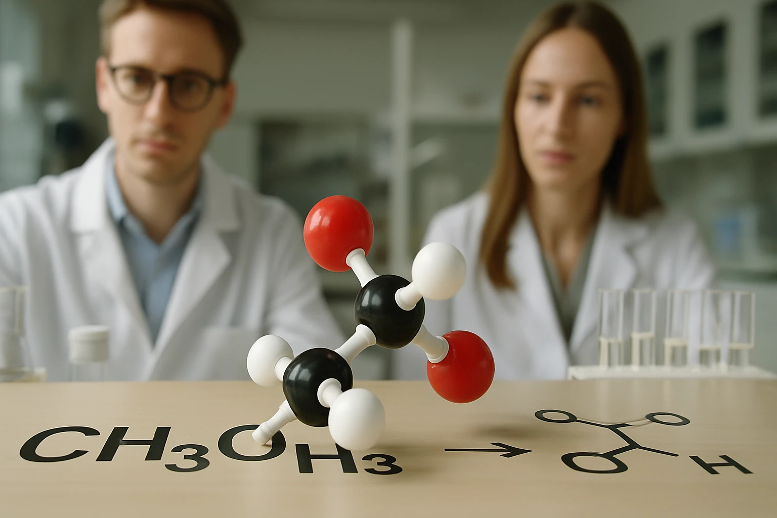 Két kutató laboratóriumi környezetben, egy szénhidrát molekula modellje előtt.