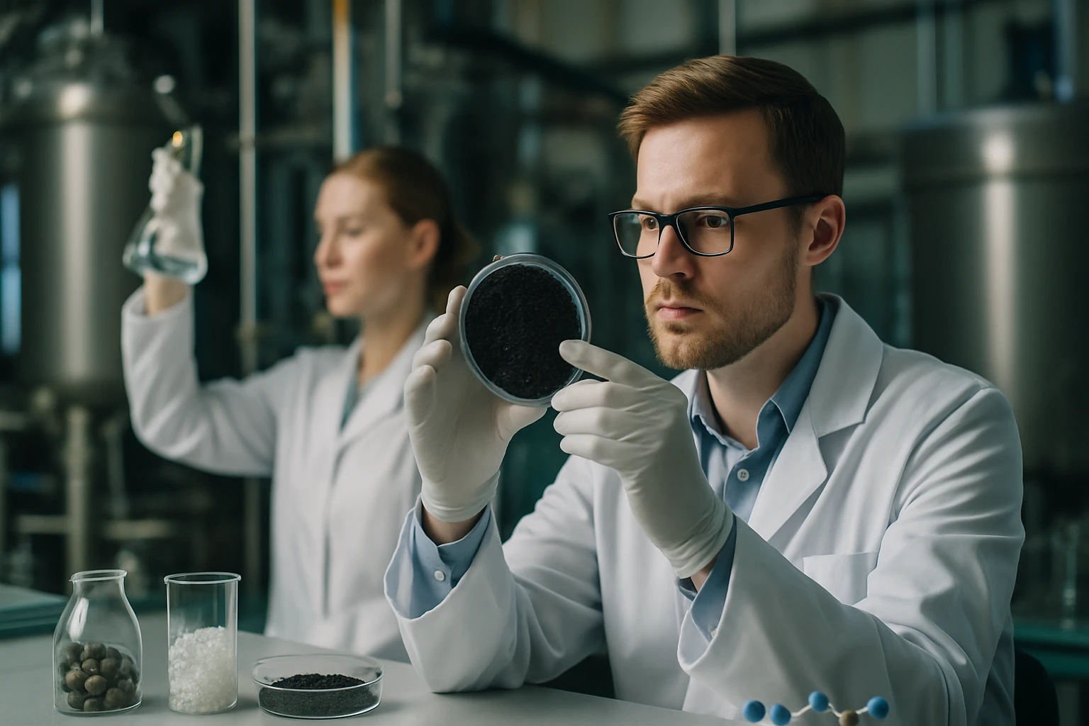 Két kutató laboratóriumban, az egyik fekete anyagot vizsgál egy petri csészében.