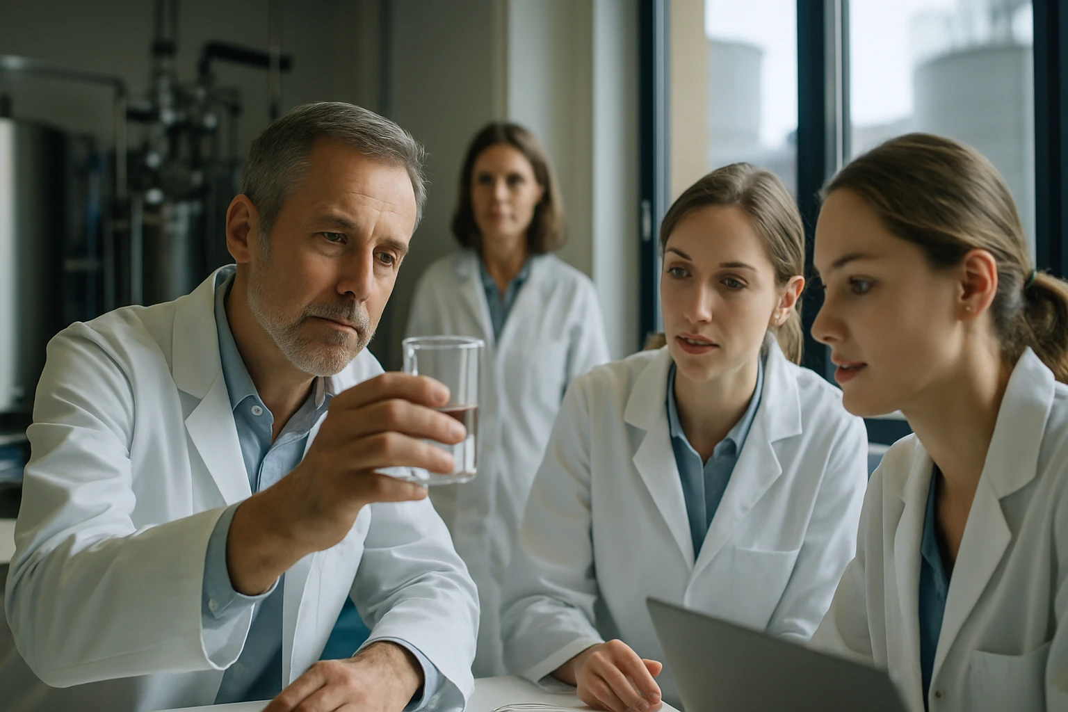 Egy laboratóriumban négy kutató, fehér köpenyben, egy pohár folyadékot vizsgál.