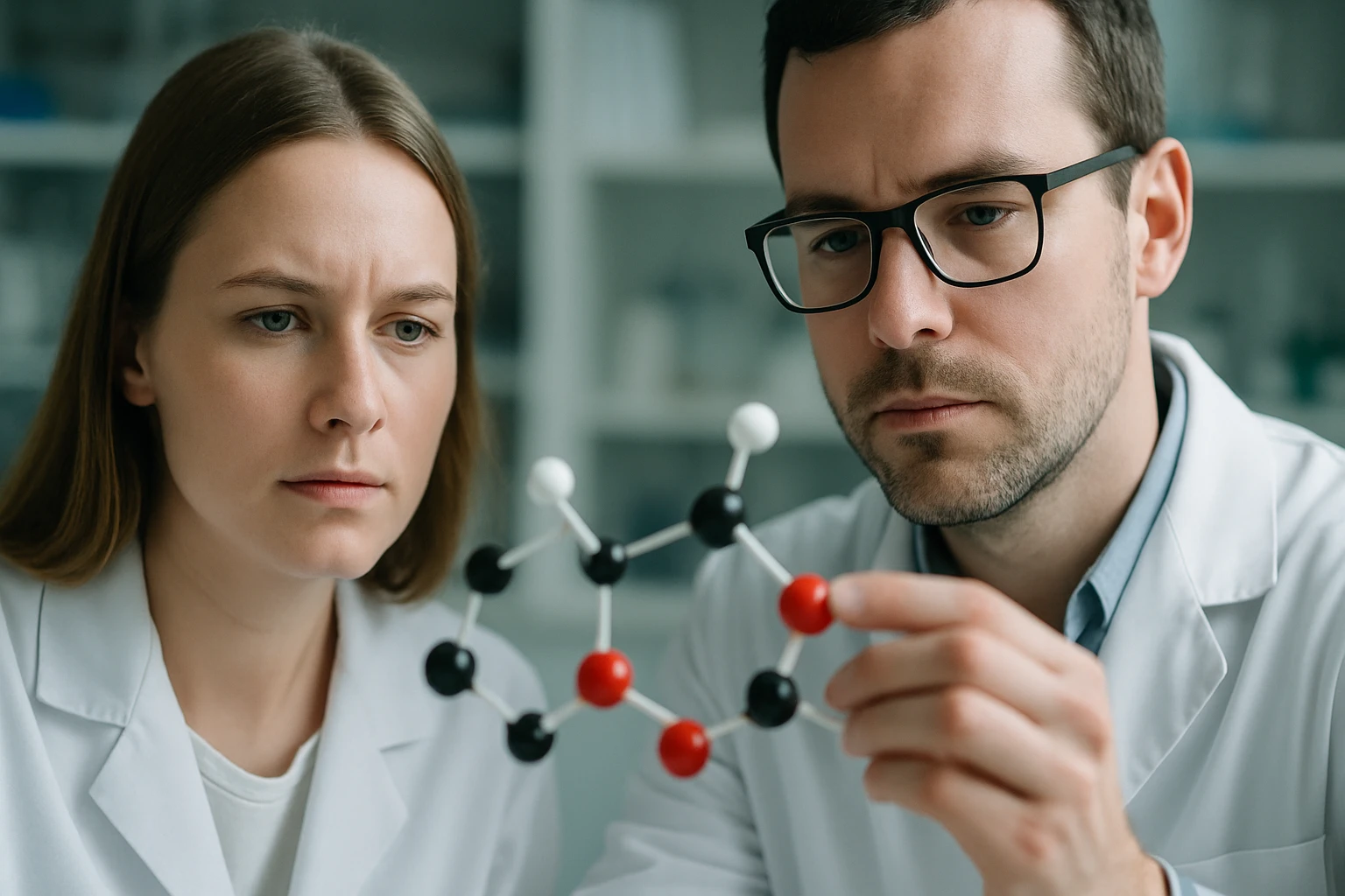 Két kutató figyelmesen vizsgál egy molekulamodelt laboratóriumban.