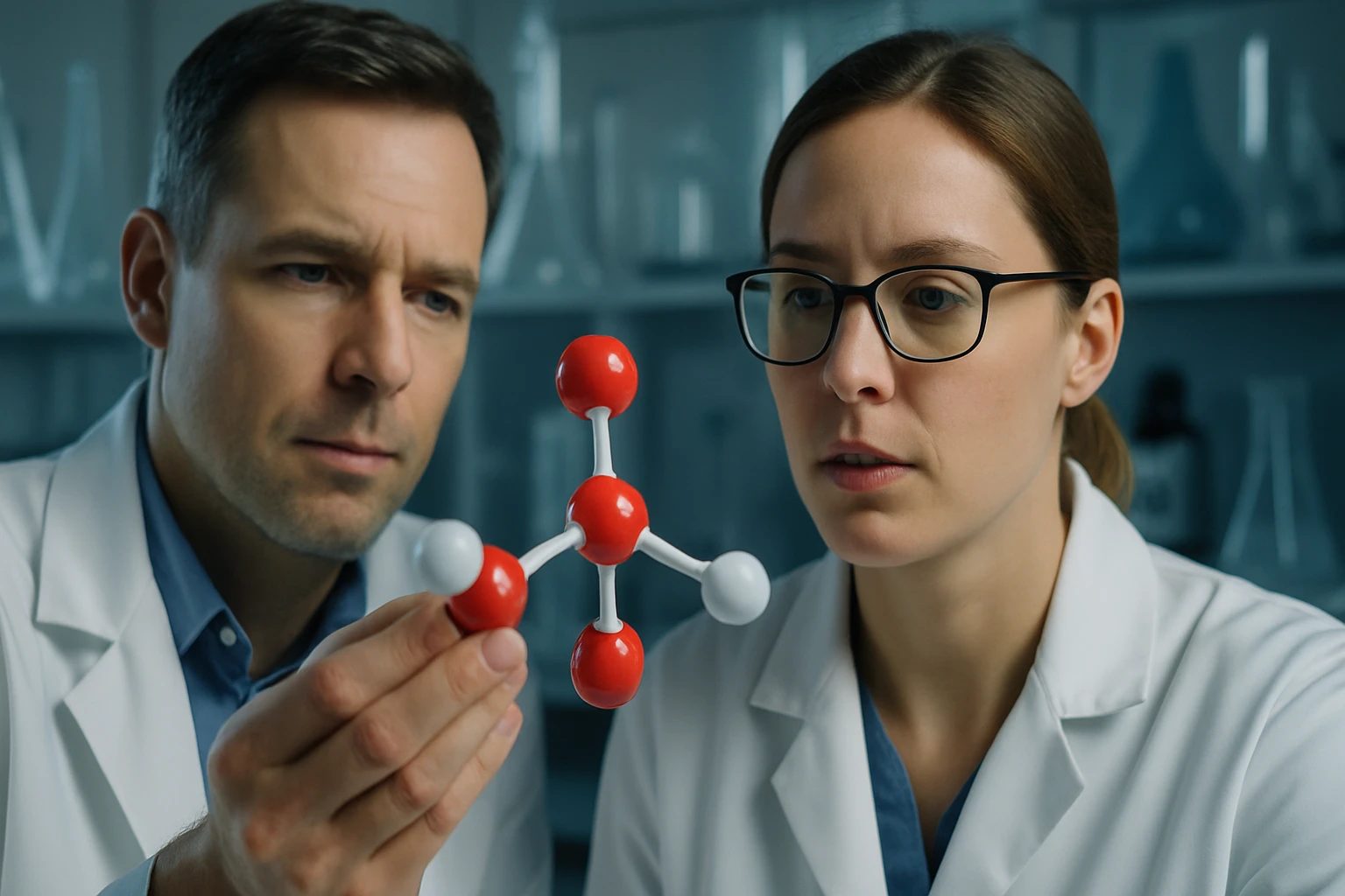 Két kutató figyel egy molekulamodelt, amely piros és fehér golyókból áll.