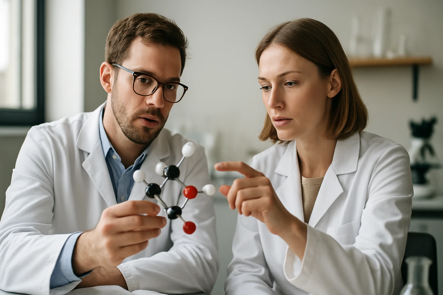 Két kutató egy molekulamodellel dolgozik laboratóriumi környezetben.