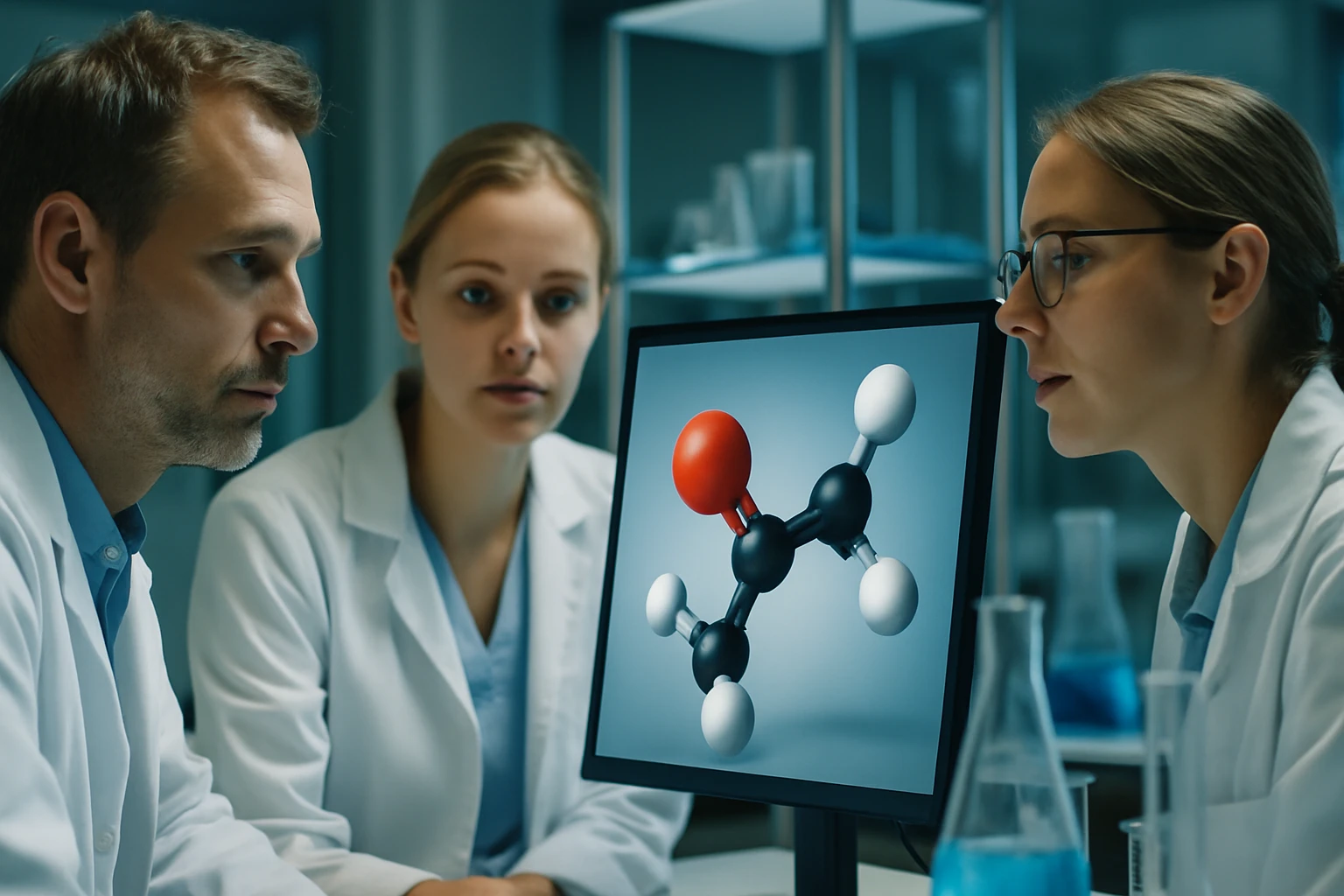 Két kutató figyeli a képernyőn megjelenő molekulamodelleket laboratóriumban.