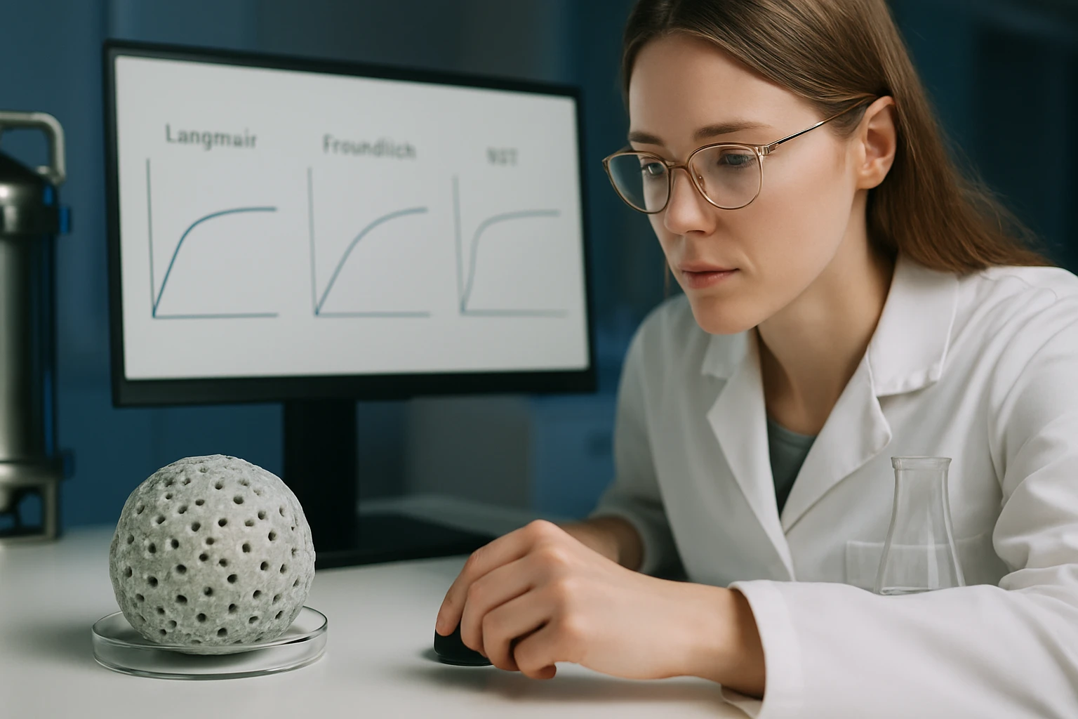 Egy fiatal nő laboratóriumi köpenyben, egy perforált gömböt vizsgál.