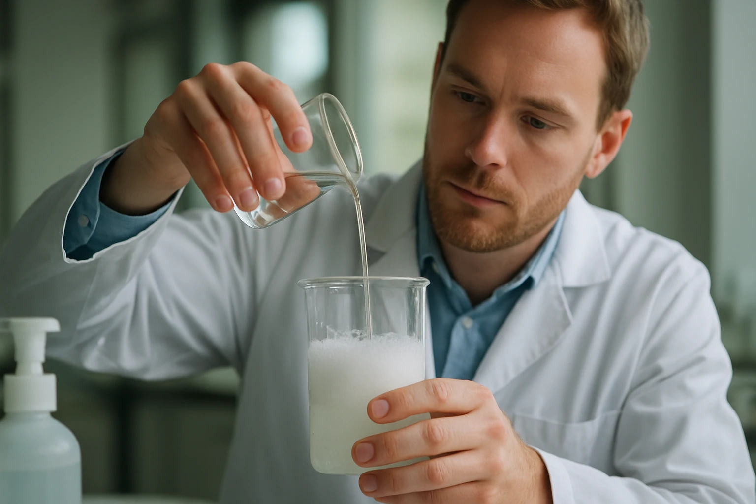 Egy férfi laboratóriumi köpenyben folyadékot önt egy kémcsőbe.