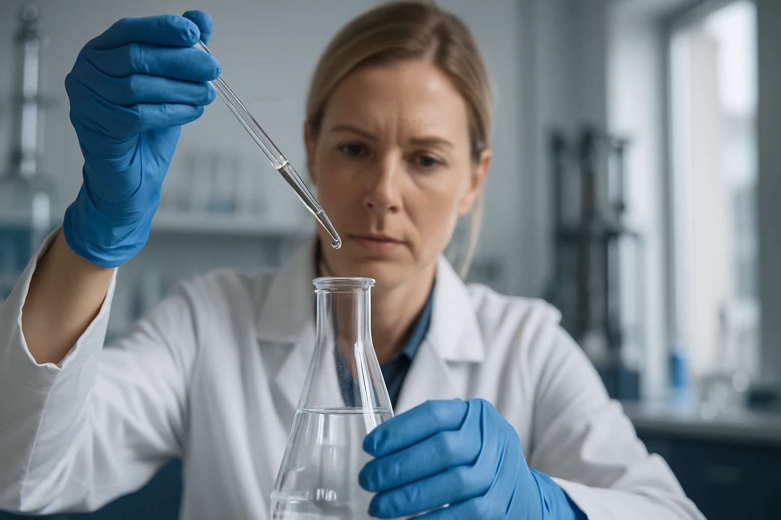 Egy laboratóriumi szakember pipettával cseppent egy folyadékot egy kémcsőbe.