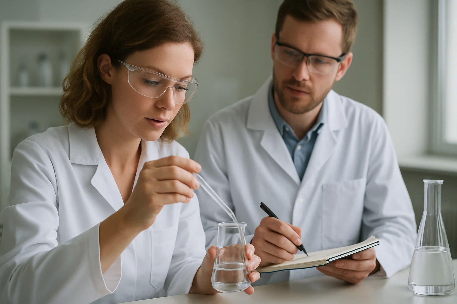 Két tudós laboratóriumban, az egyik pipettával kémcsőbe vizet tölt.