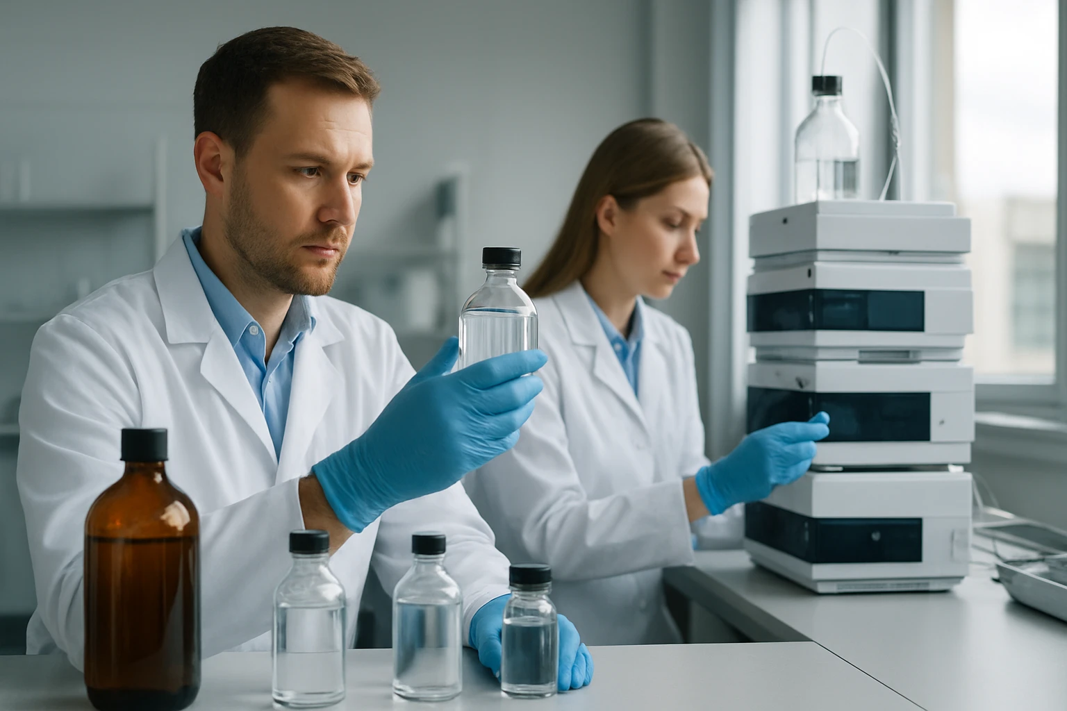 Két laboratóriumi dolgozó, akik különböző üvegpalackokat vizsgálnak.