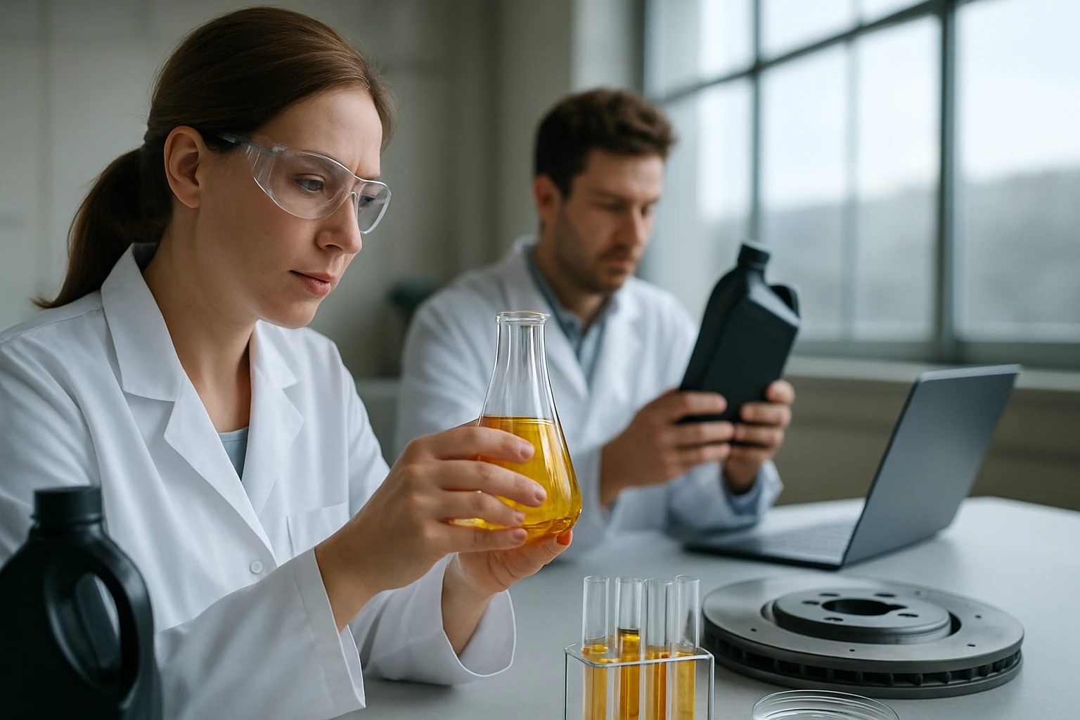 Két laboratóriumi dolgozó, az egyik üvegben sárga folyadékot vizsgál, a másik adatokat néz.