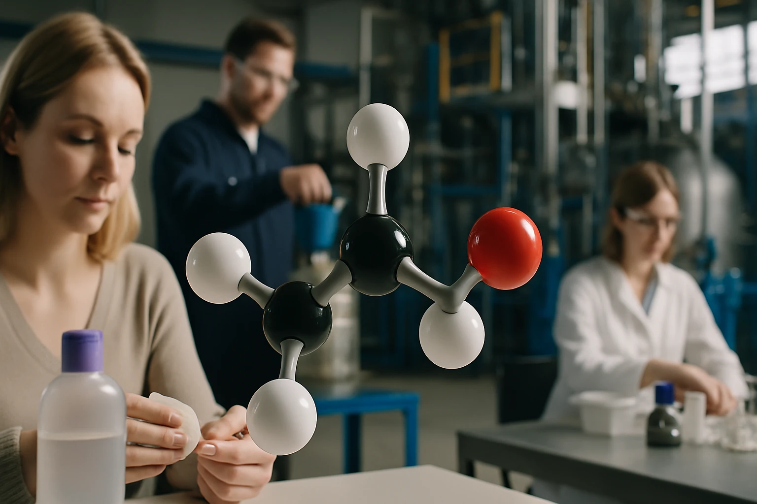 Két kutató dolgozik laboratóriumban, egy molekula modell látható elől.