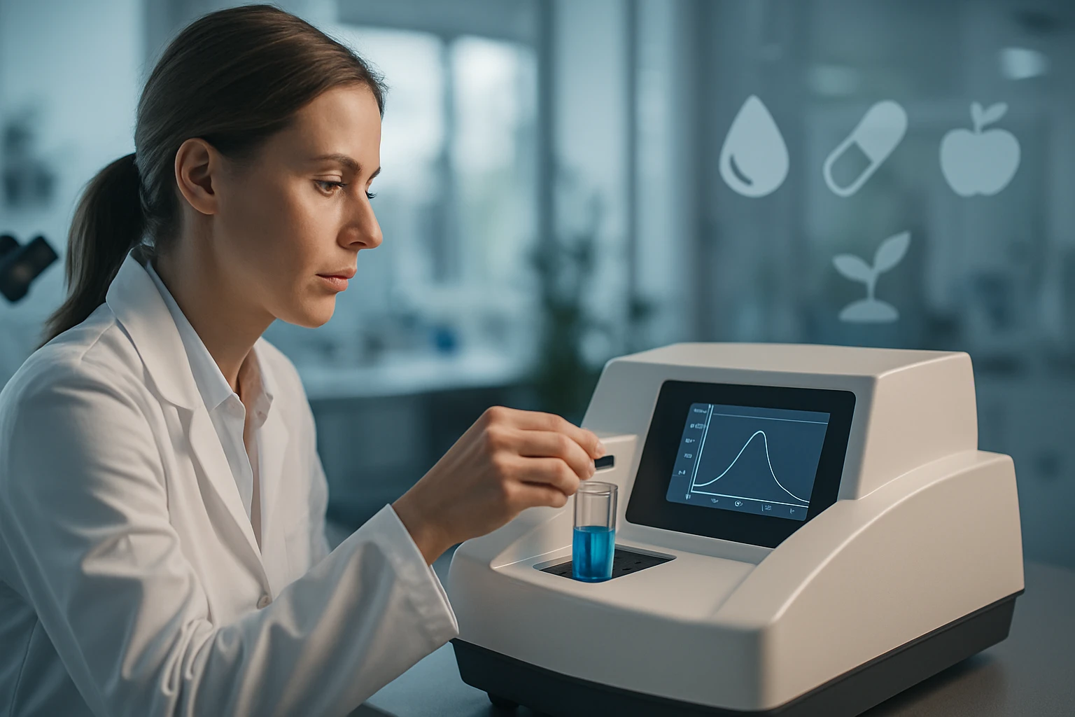 Egy laboratóriumi szakember kék folyadékot helyez egy spektrofotométerbe.