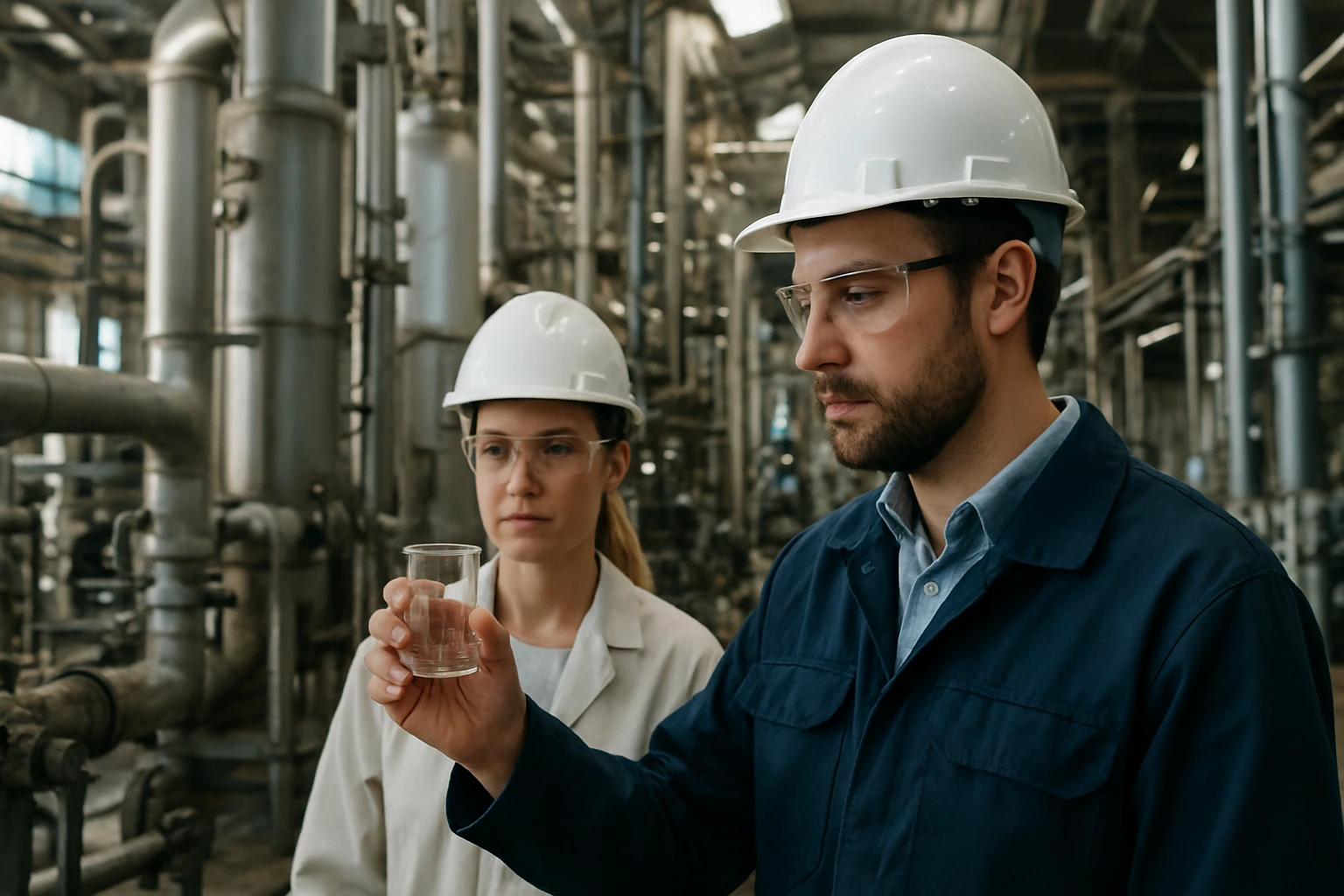 Két laboratóriumi szakember, védőfelszerelésben, egy kémcsövet vizsgálva egy ipari környezetben.
