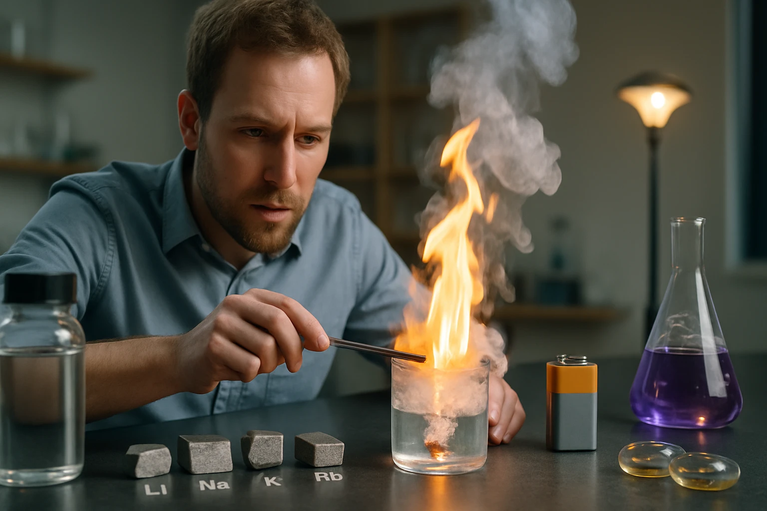 Egy férfi kémiai kísérletet végez, lángok csapnak fel egy vízben lévő anyagtól.