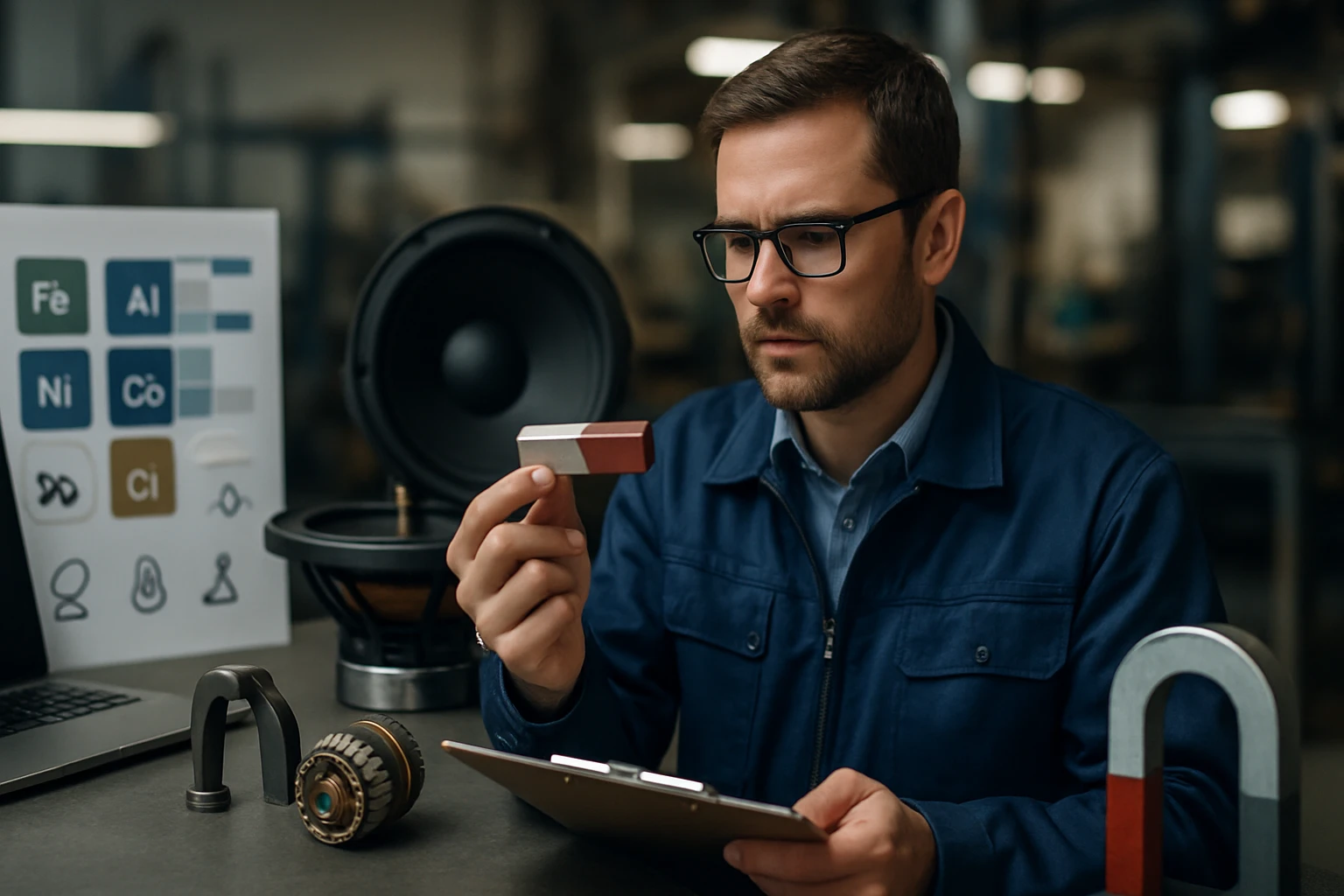 Egy férfi egy mágneses anyagot vizsgál, miközben kémiai elemek táblázata látható mögötte.