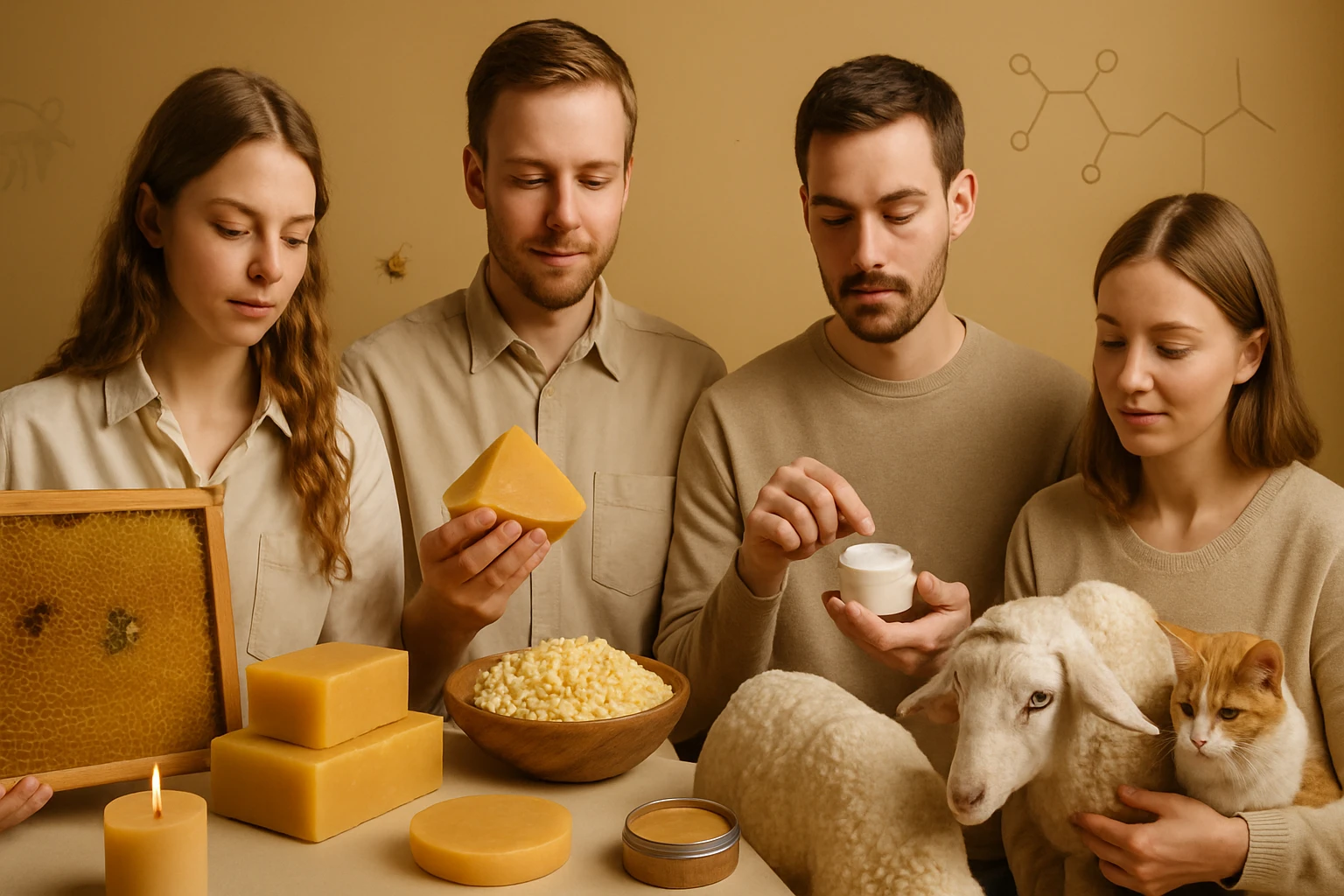 Négy fiatal felnőtt méhviasz alapú termékeket tart a kezében, körülöttük állatok.