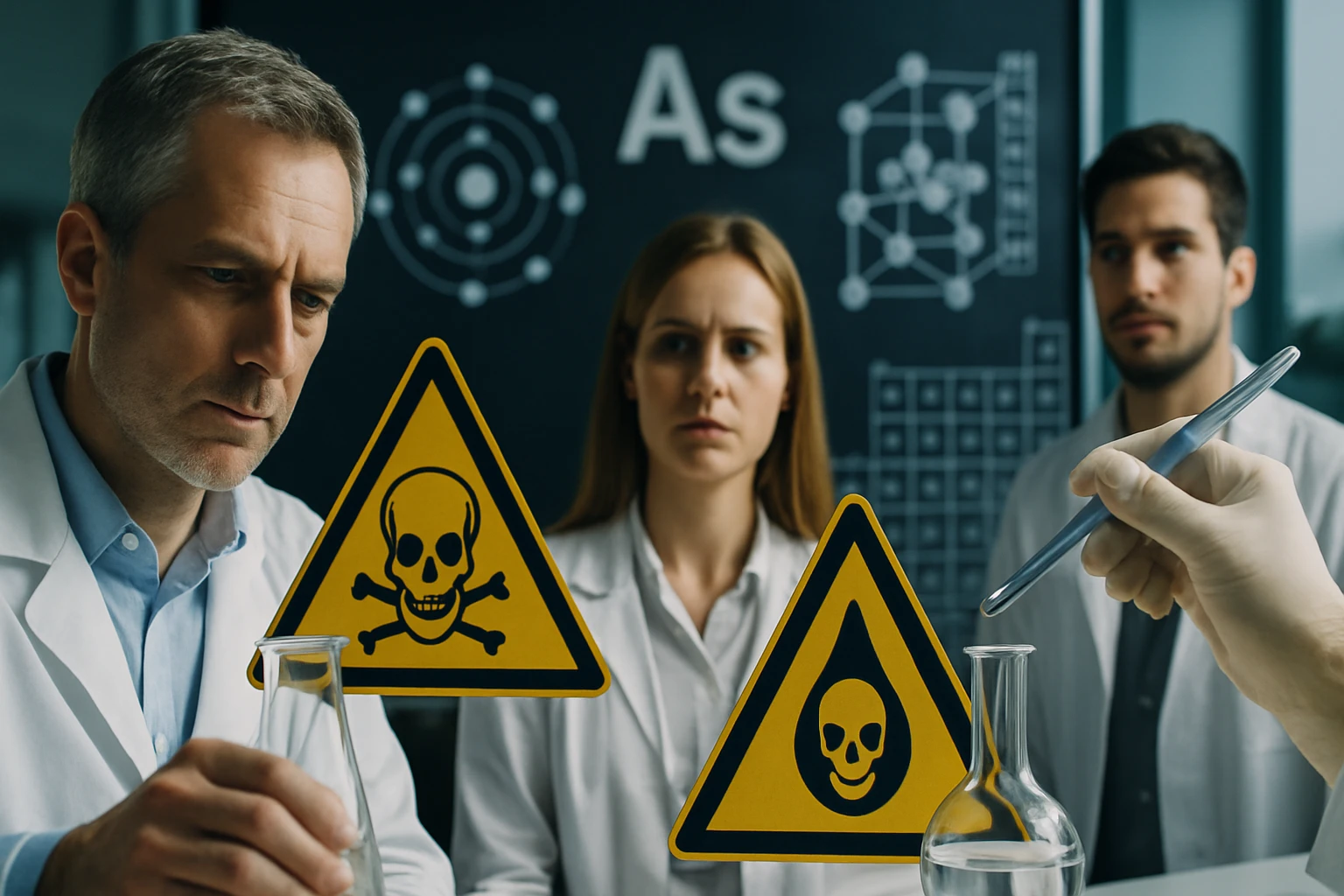 Két tudós figyel egy mérgező anyagot jelző figyelmeztető táblára laboratóriumban.